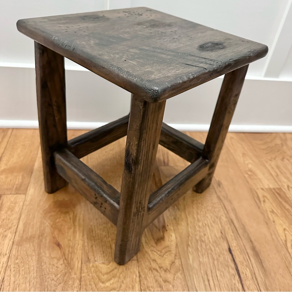 Vintage Primitive Small Stool Wooden Dark stain Rustic Earthy Decor Plant Stand